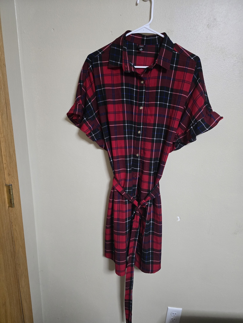 Joah Red Plaid Button-Front Mini Shirt Dress with Tie Waist Women's Size M